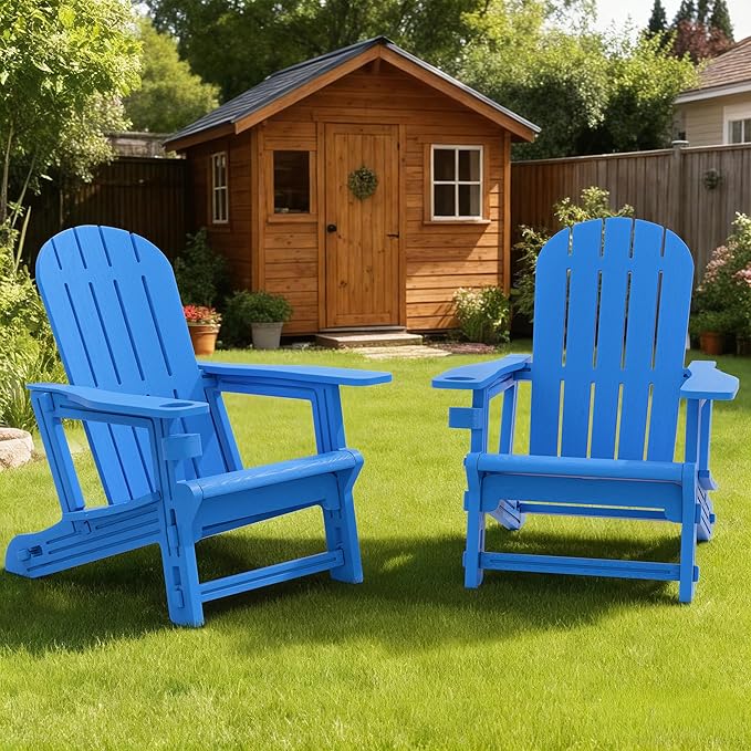 Vongrasig Adirondack Chairs Set of 2 with Removable Tabletop, Outdoor HDPE Plastic Fire Pit Chair Set with Wooden Textured, Cup Holder for Patio, Poolside, Deck, Garden, Light Blue, 3 Pieces