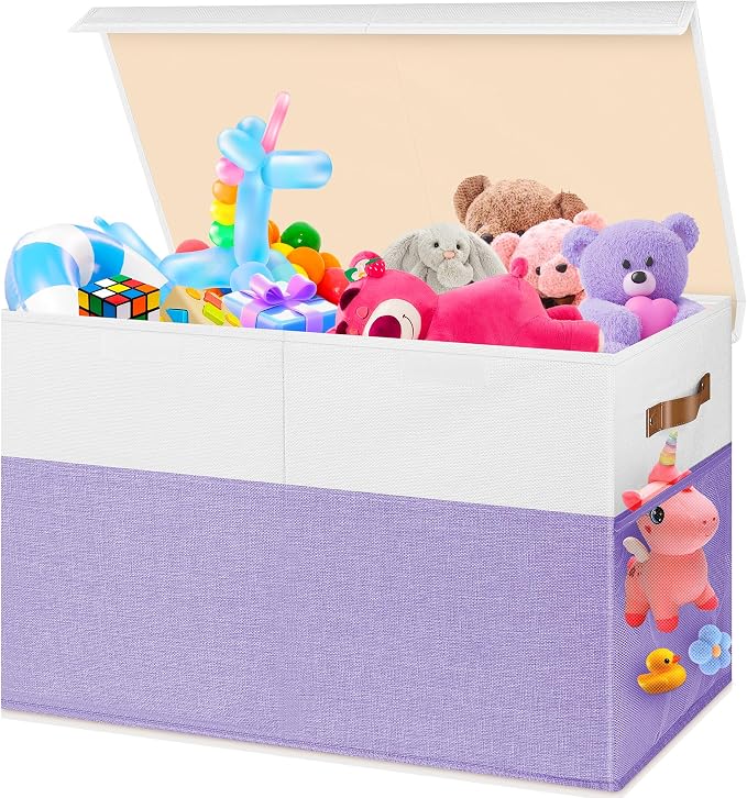 Large Toy Box, Collapsible Toy Storage Chest Bin With Lids, 25"x13"x16" | Sturdy Kids Storage Organizer for Boys Girls, 2 Pockets and Dividers, Playroom Bedroom Nursery Organization, White & Purple