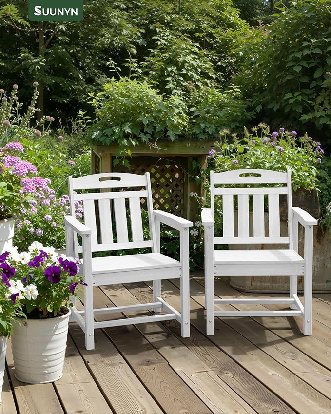 Patio Chairs, HDPE Outdoor Dining Chairs with Wide Seat, All Weather Oversized Porch Chair for Garden, Backyard, Deck - White