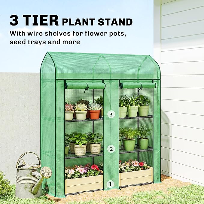 Outsunny 3 Tier Mini Greenhouse, 56.3" x 18.1" x 65" Small Portable Greenhouse with 2 Roll-up Doors, Garden Plant Growhouse with PE Cover for Indoor Outdoor, Green