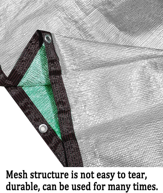 90%-95% Aluminum Sun Shade Cloth with Grommets 13 FT x 13 FT - Pergola Shade Cover Canopy, Mesh Tarp Sun Screens - Heat Reflective Tarp for Outdoor Pergola,Greenhouse,Garden - Green Silver Color