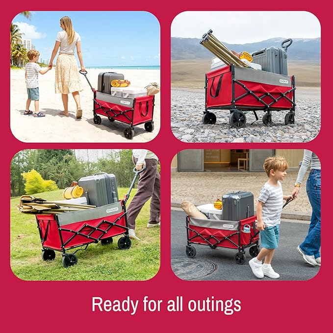 SYNCFUN Collapsible Wagon Cart Foldable 300lbs, Portable Rolling Shopping Carts on Wheels, All Terrain Folding Sport Beach Wagons for Sand, Heavy Duty Utility Cart for Groceries Fishing, Red