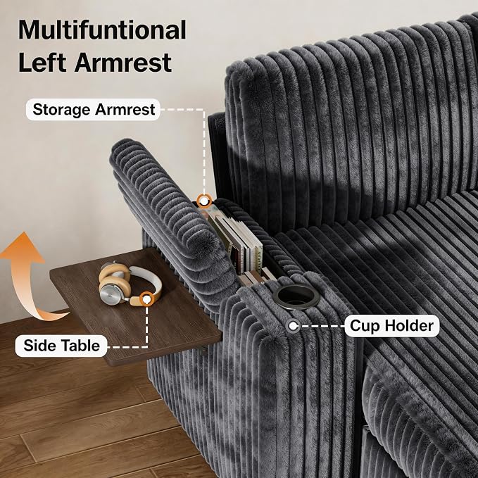 Vipbear 111" Modular Sectional Sleeper Sofa with Pull Out Bed, 7 Seat Plush Corduroy L Shaped Couch with Storage Chaise|USB Ports|Cup Holders|Side Table|Storage Armrests, Tool Free Assembly, Grey