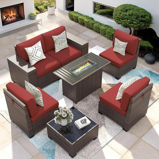 7 Piece Patio Furniture Set with Fire Pit Table, Outdoor Conversation Sets Wicker Rattan Sectional Sofa with Coffee Table for Patio Garden Backyard, 4'' Thickened Cushion Wine Red