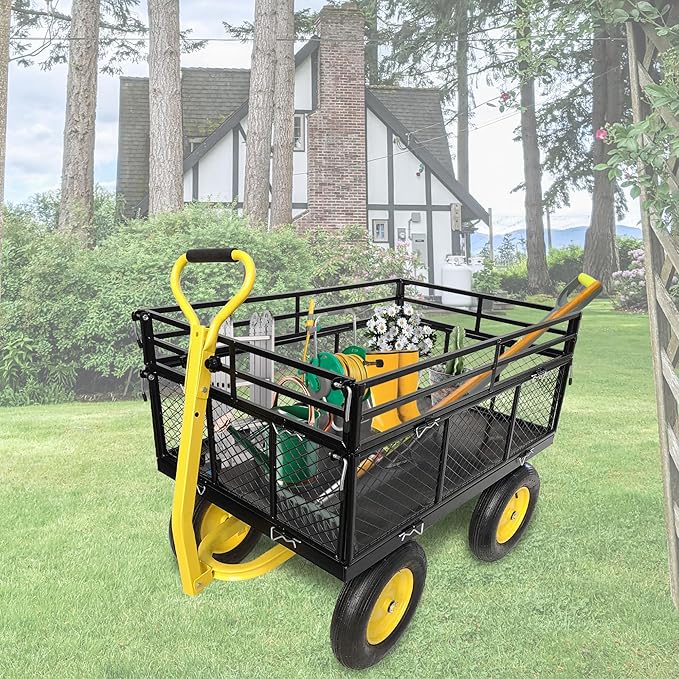 Wheelbarrow Cart, Utility Garden Wagon Dump Cart, 1400 lbs Capacity, 2-in-1 Handle and 16 in Tires Heavy Duty Yard Dump Wagon with Steel Frame for Farm, Garden,Black