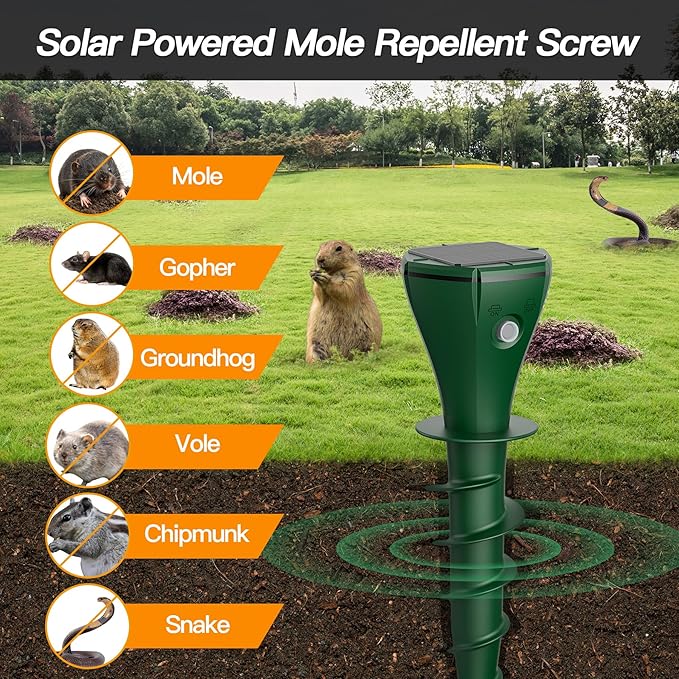 4 Pack Mole Repellent Solar Powered - Ultrasonic Gopher Deterrent Stake for Outdoor Lawns with Electic Vibration, Repels Snake Vole Groundhog Armadillo from Yard and Garden
