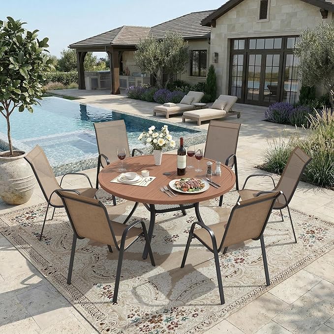 DIFY Patio Chairs Set of 6, Stackable Outdoor Dining Chairs Set with Breathable Textilene High Back and All-Weather Metal Frame for Garden, Backyard, Deck, Brwon