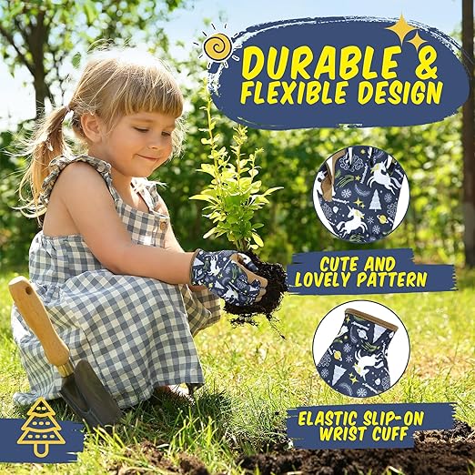 HANDLANDY Kids Genuine Leather Gardening Gloves for age 2-9, Children Work Gloves for Boys, Girls, Toddlers (Blue, S)