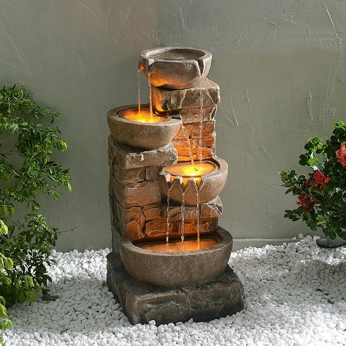 Teamson Home 33.27" Outdoor Freestanding Water Fountain with LED Lights, Cascading Bowls & Stacked Stones, Floor Fountain for Patio, Garden, Balcony, Lawn, Yard Decor, Brown Polyresin