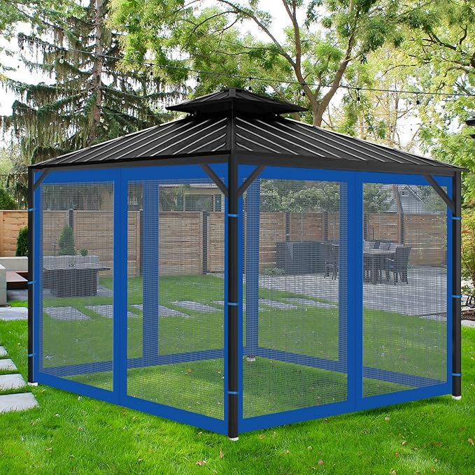 Gazebo Universal Replacement Mosquito Netting, 8' x 8' Outdoor Mesh Netting Screen 4-Panel Sidewall with Zipper for Patio, Canopy, Garden and Backyard, Blue(Mosquito Net Only)