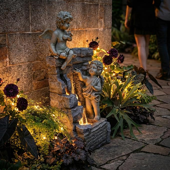 41-Inch Outdoor Water Fountain with Angels Statues, Cascading Stone-Look Resin Waterfall Fountain with 2 Warm LED Lights, Home Art Decor for Garden, Patio, Yard, Balcony, Deck, Lawn in White