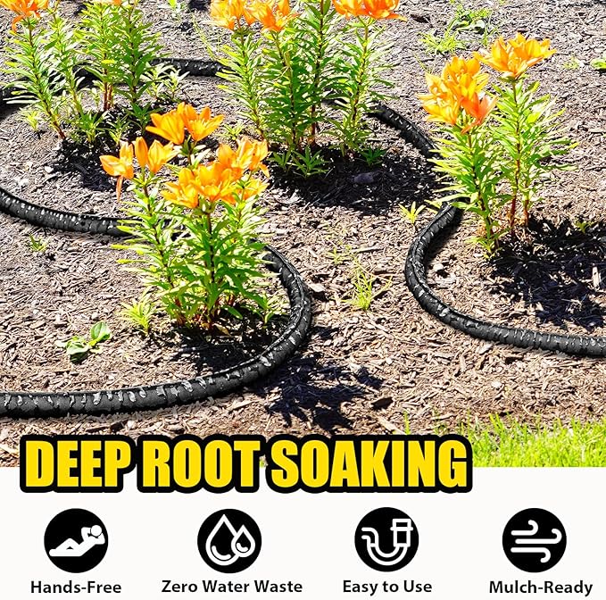 TigeJoy 25FT Flat Soaker Hose, Heavy Duty Double Layer Garden Watering Hose, Flexible Leakproof Drip Irrigation Hose for Raised Beds, Lawns & Vegetables, Save 80% Water
