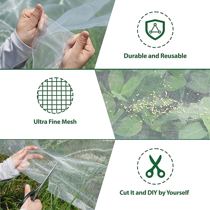 10 * 50FT Ultra Fine Garden Mesh Netting Pest Barrier, White Plant Covers for Outdoor Patio Greenhouse Crops Vegetables Fruit Flower Garden Protection, Row Covers Fabric Screen Insect Bug Bird Netting