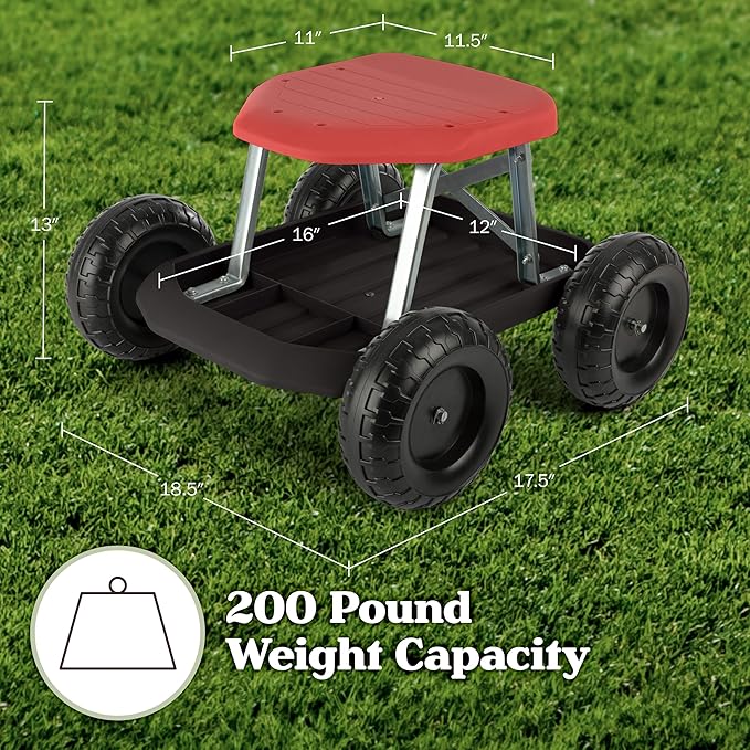 Gardening Stool - Rolling Garden Seat with Wheels and Storage Tool Tray - Garden Cart Scooter - Yard Tools by Pure Garden (Red and Black)