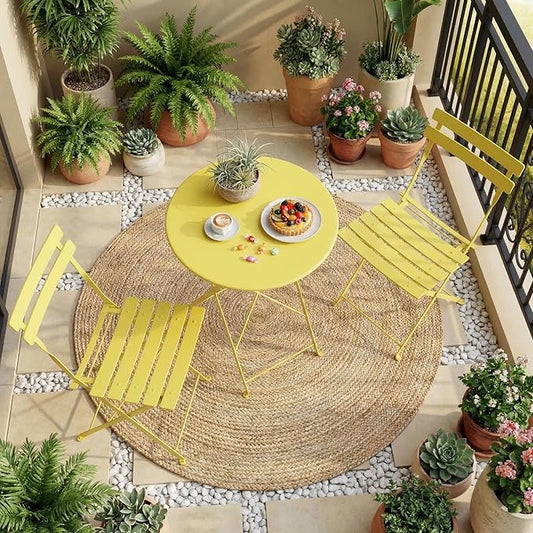 GarveeHome 3-Piece Foldable Bistro Set, Outdoor Patio Furniture with 2 Folding Chairs & 1 Table, Weather-Resistant Indoor/Outdoor Conversation Set for Patio, Yellow