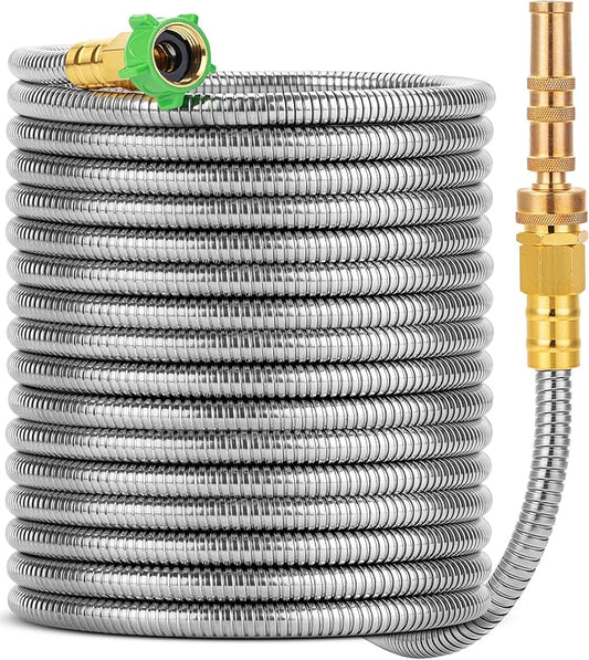 UNCO- Stainless Steel Metal Hose with 4 Function Brass Nozzle, 50 ft, No Kink, Metal Garden Hose
