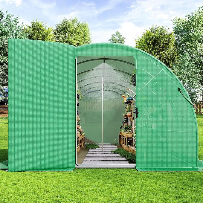 AMERLIFE 20×10 FT Tunnel Greenhouse with Built-in Sprinkler System, Walk-in Greenhouse for Backyard Gardening, Heavy Duty Galvanized Steel Frame & Waterproof PE Cover, Green