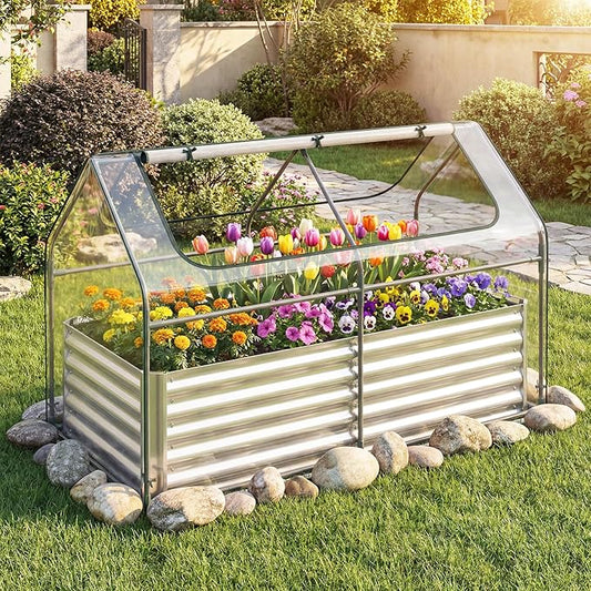 S AFSTAR 3-in-1 Raised Garden Bed with Greenhouse Cover, 6FT x 3FT x 4FT Galvanized Bottomless Planter Box Kit with Dual Roll-Up Screen Windows, Outdoor Mini Greenhouse for Vegetables (Silver & Clear)