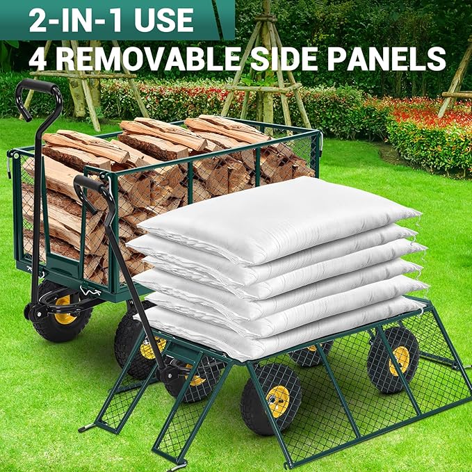 Steel Garden Cart 1100 LBS with 10" Tires, Heavy Duty Garden Wagon Cart with 180° Rotating Handle and Removable Sides, Metal Wagon for Farm, Yard, Lawn, Green