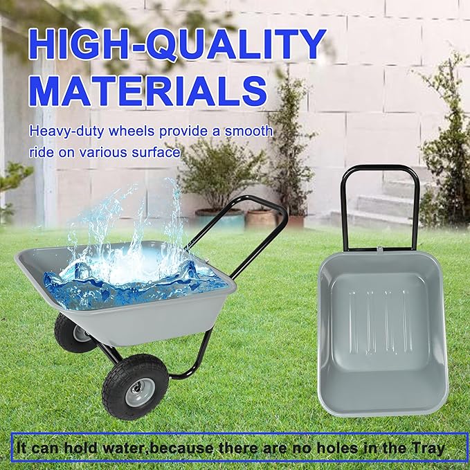 35L Dual-Wheel Garden Wheelbarrow, 10" Air-Filled Tires and Leakproof Hopper, Waterproof Heavy-Duty 330lbs Capacity Yard Cart for Soil, Water Rocks Warehouse Farm, and Outdoor Cleanup