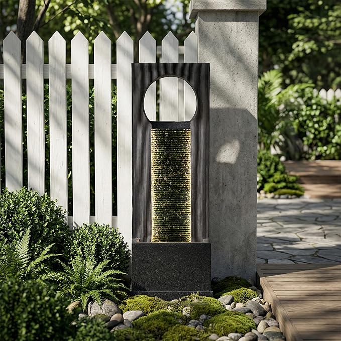 40-Inch Outdoor Water Fountain, Modern Indoor & Outdoor Freestanding Resin Waterfall Fountain with LED Strips, Water Feature for Garden, Patio, Porch, Deck, Backyard in Gray, Home Art Decor