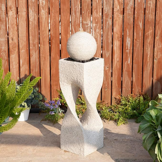 Glitzhome Outdoor Water Fountain, Outdoor Fountain with Pebbles, Pump and LED Light, 36.5" H Polyresin Modern Geometric Pedestal and Sphere Waterfall Fountain Water Feature for Garden, Patio, Yard
