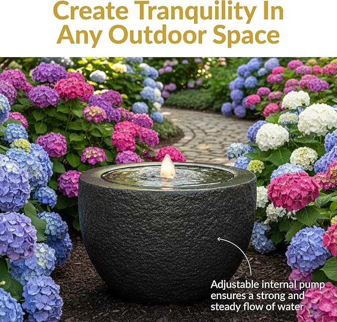 Sunnydaze Outdoor Water Fountain with LED Light - Polystone Oval Bowl Bubbler Water Feature with Pump - 12" H - for Patio, Garden, Deck, Relaxation and Stress Relief - Gray