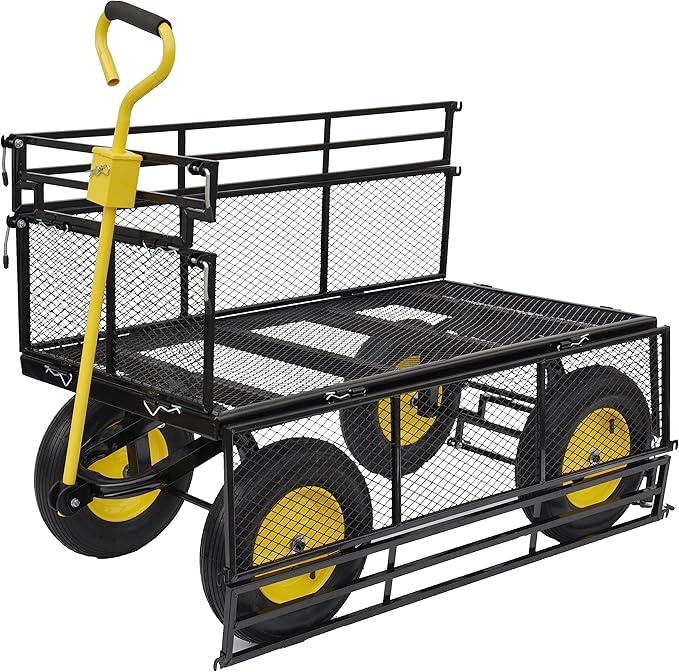 Steel Garden Cart 1100 lbs Capacity Heavy Duty Garden Wagons,with Removable Steel Mesh Sides to Convert into Flatbed,Utility Metal Wagon w/ 180°Rotating Handle (Big-Double-Layer-Pneumatic)
