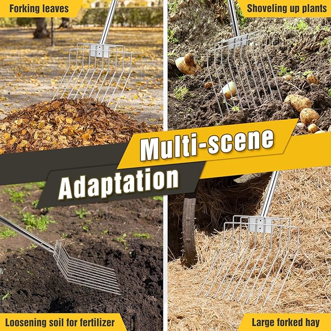AugFir Pitchfork for Gardening, 50" Multifunctional Stainless Steel Garden Pitchfork with Handle, Suitable for Shoveling, Fertilizing, Transplanting, Mulching Garden Fork - 10 Tines
