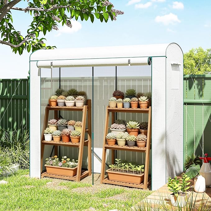 Outsunny Mini Greenhouse, Portable Greenhouse with Roll-Up Door and 2 Mesh Windows, Small Green House with PE Cover for Garden Patio Lawn, 78.7" x 29.5" x 74", White