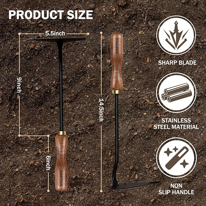 ROYTOA Triangle Hand Hoe, Heavy Duty Stainless Steel Weed Puller and Weed Remover Gardening Tool with Walnut Handle for Weeding, Soil Loosening and Cultivating