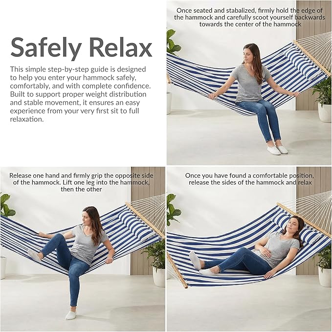 Sunnydaze Quilted Outdoor Hammock with Spreader Bars - Heavy-Duty 450-Pound Capacity Double Hammock for Outside - Blue and White Stripe