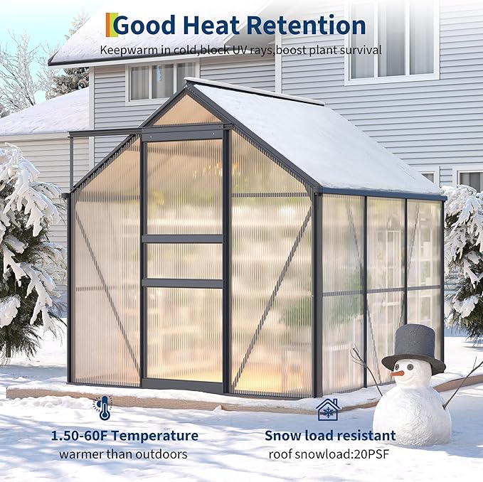 GarveeHome 6x6 FT Walk-in Polycarbonate Greenhouse - Heavy Duty Aluminum Frame with Base Kit, 4mm Double-Wall UV Protected Panels, 5-Position Adjustable Roof Vent & Sliding Door, Winter Plant House