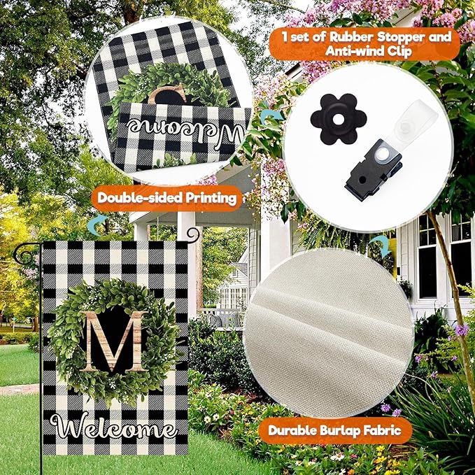 Baccessor Monogram Letter M Garden Flag 12.5 x 18 Inch, Buffalo Plaid Family Last Name Initial Boxwood Wreath Welcome Vertical Double Sided Small Flags for Outdoor Outside Decoration