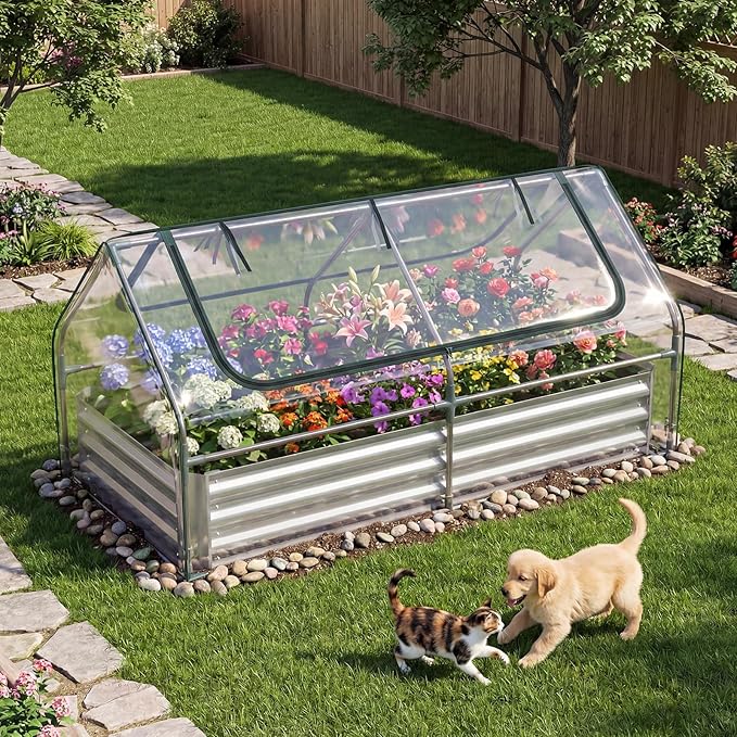 Happygrill Raised Garden Bed with Cover, Galvanized Planter Boxes Outdoor w/Mini Greenhouse, 2 Roll-up Windows & Open-Ended Base, Metal Growing Raised Bed for Vegetables (Silver, 72” x 36” x 37”)