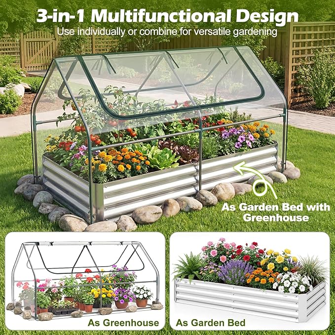 S AFSTAR Raised Garden Bed with Cover, 6FT x 3FT x 3FT Galvanized Bottomless Garden Bed with Greenhouse, Dual 2-Tier Roll-Up Windows, Easy Venting & Watering, Outdoor Metal Planter Box Kit with Cover