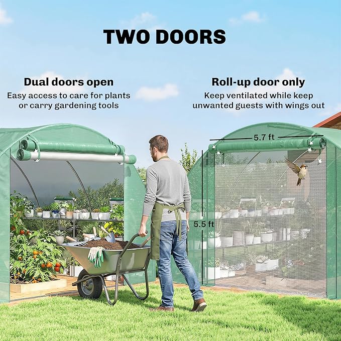 Outsunny 10'x11'x6' Walk-in Tunnel Greenhouse with Shelves, Mesh Door and Windows, Hoop House Greenhouse with PE Cover, Outdoor Green House for Patio Lawn Garden, Green