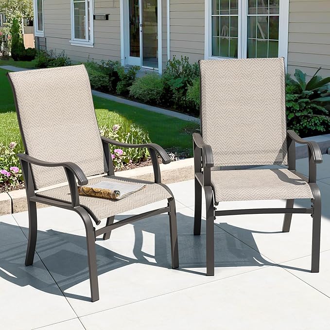 NUU GARDEN Patio Dining Chairs Set of 2, Outdoor Dining Chair with Powder-Coated Frame, All Weather Metal Dining Chairs with Textilene High Back and Wider Seat for Backyard, Deck, Balcony, Beige