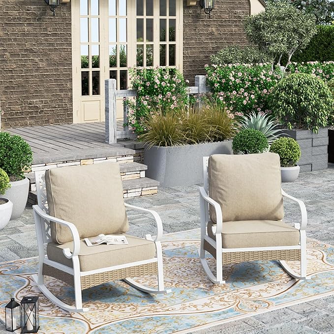 HERA'S HOUSE Outdoor Rocking Chairs Set of 2 with Cushions, High Back Patio Metal Rocker, All Weather Garden Furniture for Lawn, Backyard, Deck, Beige