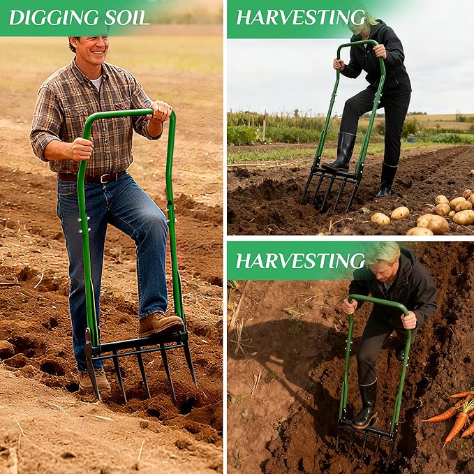 BroadFork Garden Tool, Heavy Duty 5-Tine Broad Fork Hand Tiller, Garden Pitchfork with Ergonomic U-Shaped Handle, Digging Fork for Gardening, Cultivating