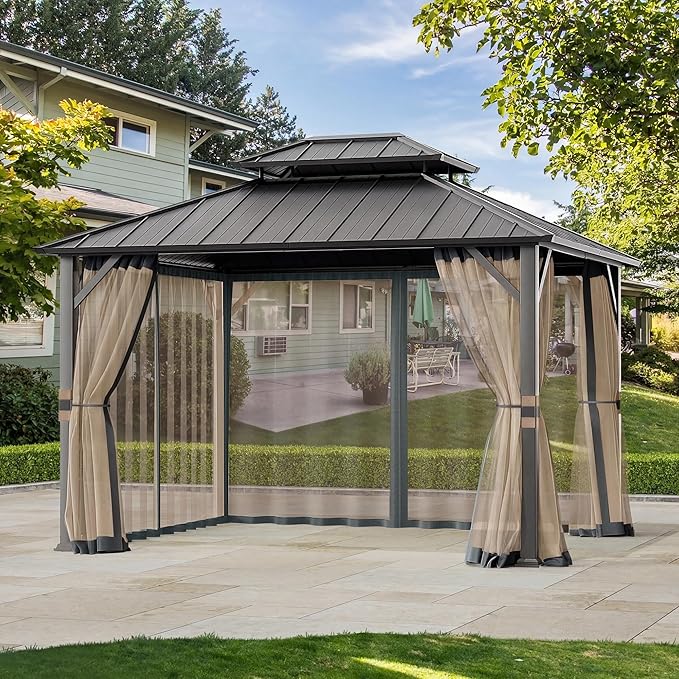 Covered Outdoor Universal Gazebo Mosquito Netting Replacement - 10' x 12' 4-Panel Screen Walls with Double Zipper for Outdoor Patio Canopy Garden Gazebos, Slate Gray and Beige