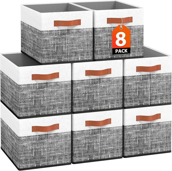 Fab totes Collapsible Storage Baskets for Shelves,14"x10", 8 Pack Foldable Fabric Storage Bins with Double Leather Handles, Large Baskets for Organizing Books, Clothes, White & Black