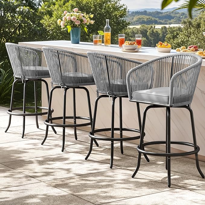 YITAHOME Counter Height Bar Stools Set of 4, Outdoor Bar Stools with Soft Cushions, Patio Rattan Swivel Bar Chairs for Backyard Poolside, Garden w /360 Rotation (Gray)