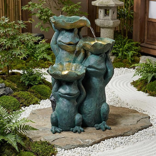 26-Inch Outdoor Water Fountain, 3-Tier Funny Stacked Frogs Statue Resin Waterfall Fountain with 2 LED Lights, Cascading Water Feature for Garden, Patio, Yard, Deck, Lawn, Porch in Green