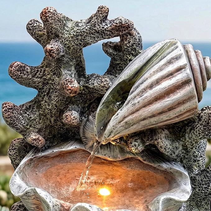 19-Inch Outdoor Water Fountain, 3-Tier Indoor & Outdoor Coral & Seashell Resin Waterfall Fountain with 2 LED Lights, Ocean Themed Water Feature for Garden, Patio, Yard, Balcony, Deck in Pink