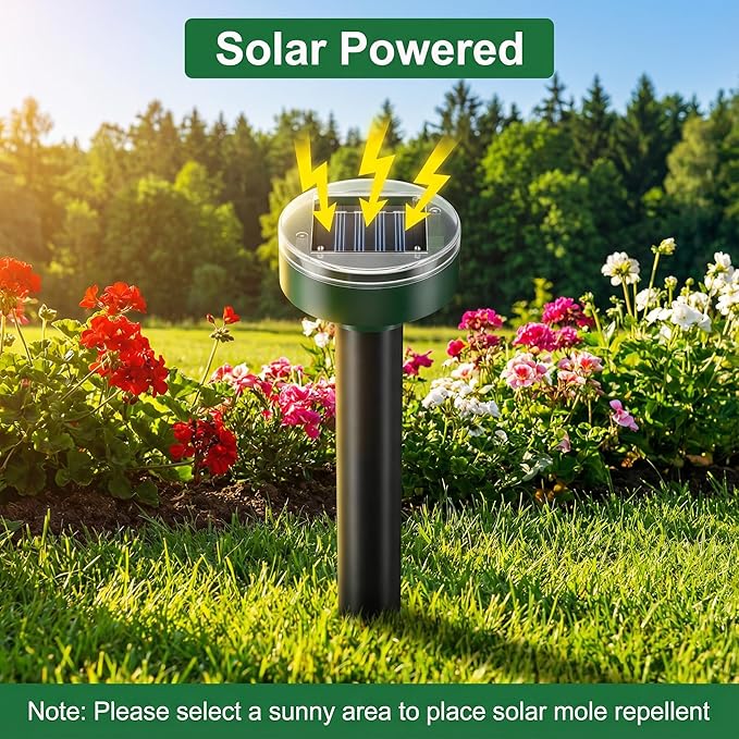 Solar Powered Mole Repellent Stakes - Ultrasonic Outdoor Rodent Repellent for Voles, Groundhogs, Snakes & Chipmunks - IP44 Waterproof Lawn & Garden Pest Control, Pet Safe – 10 Pack, Round