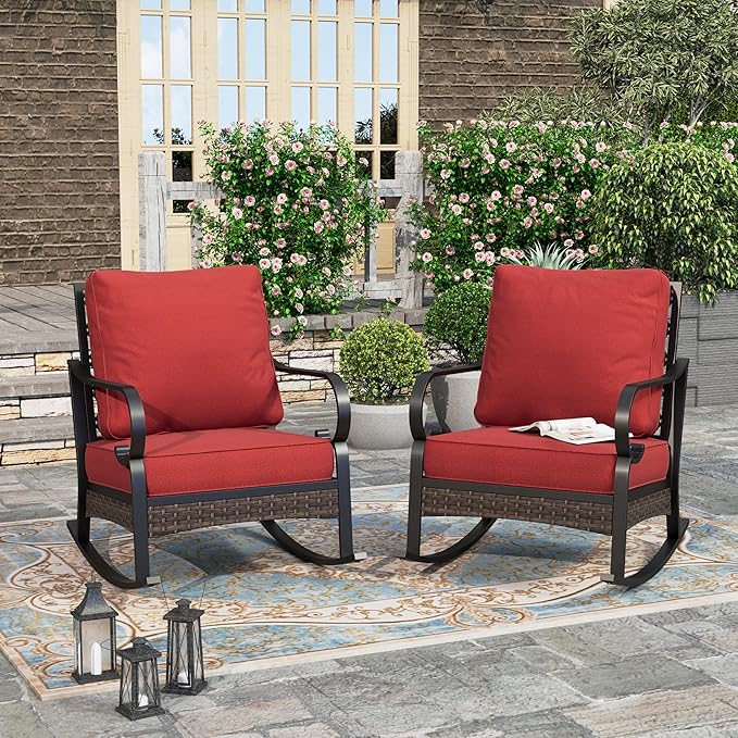 HERA'S HOUSE Patio Rocking Chairs Set of 2 with Thick Cushions, High Back Metal Outdoor Rockers, All Weather Garden Furniture for Backyard, Deck, Lawn, Red