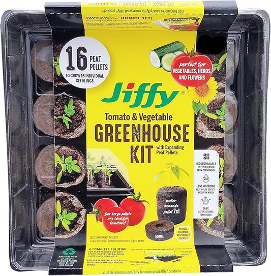 Jiffy 50mm Seed Starting Tomato & Vegetable Greenhouse Kit with 16 Plant-based Expanding Peat Pellets + Bonus SUPERthrive & Plant Labels