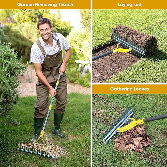 Thatch Rake, 15-Inch Steel Lawn Dethatcher with Handle, Heavy Duty Grass Cleaning Tool for Dead Grass and Soil Loosening, Versatile Yard and Garden Grooming