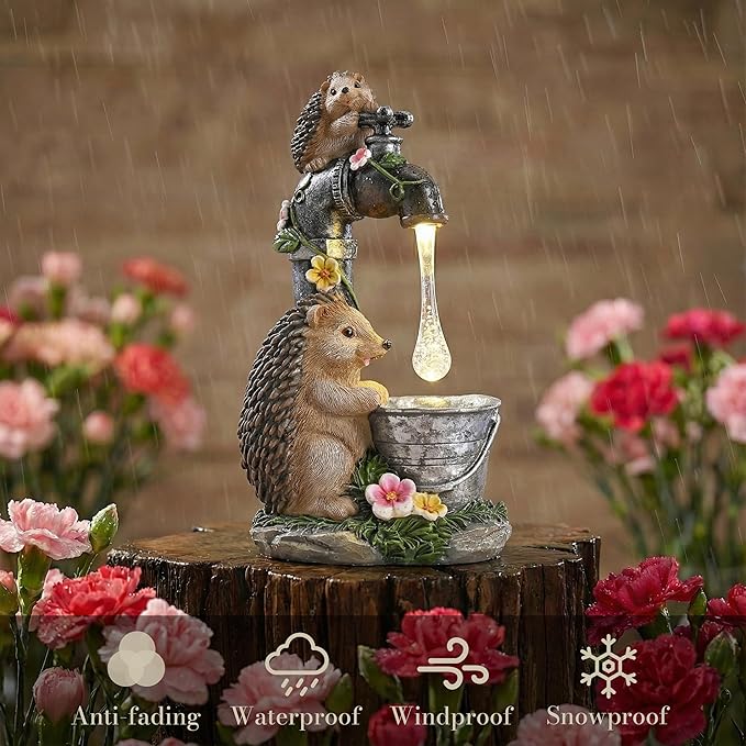 TERESA'S COLLECTIONS Garden Decor, Set of 2 Cute Hedgehogs and Faucet Garden Decor, Waterproof Resin Garden Statue, Hedgehogs Gift, Garden Gift for Women Mom, Indoor/Outdoor